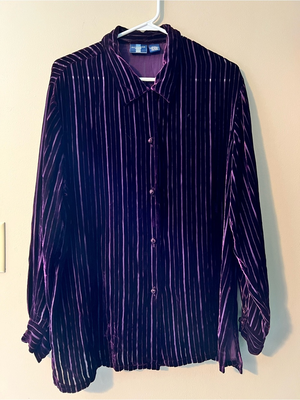 Vintage Pursuits, Ltd dark purple vertical stripes velvet button down shirt.